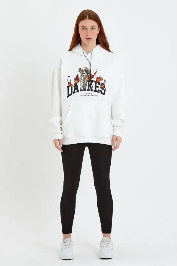 Kadın Oversize Kapüşonlu Cepli Baskılı 3 İplik Pamuklu Hoodie Sweatshirt - Beyaz