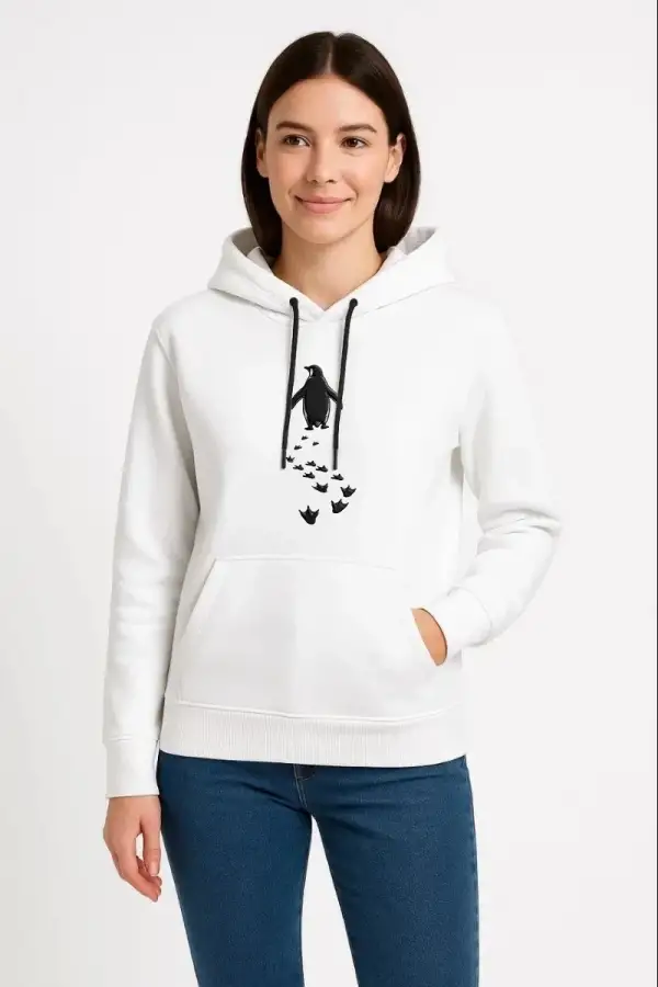 Kadın 3 İplik Pamuklu Kapüşonlu Hoodie Sweatshirt Nihilist Penguen Baskılı - Beyaz