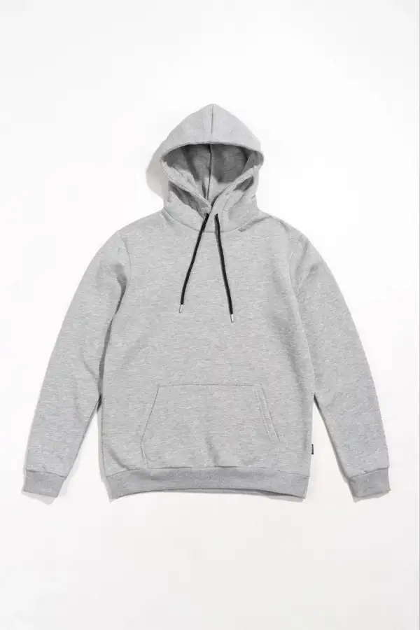 Kadın Kapüşonlu Kanguru Cepli 3 İplik Pamuklu Oversize Hoodie Sweatshirt - Gri