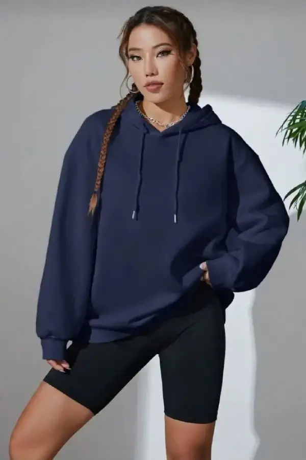 Kadın Kapüşonlu Kanguru Cepli 3 İplik Pamuklu Oversize Hoodie Sweatshirt - Lacivert