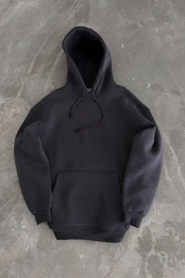 Kadın Kapüşonlu Kanguru Cepli 3 İplik Pamuklu Oversize Hoodie Sweatshirt - Füme