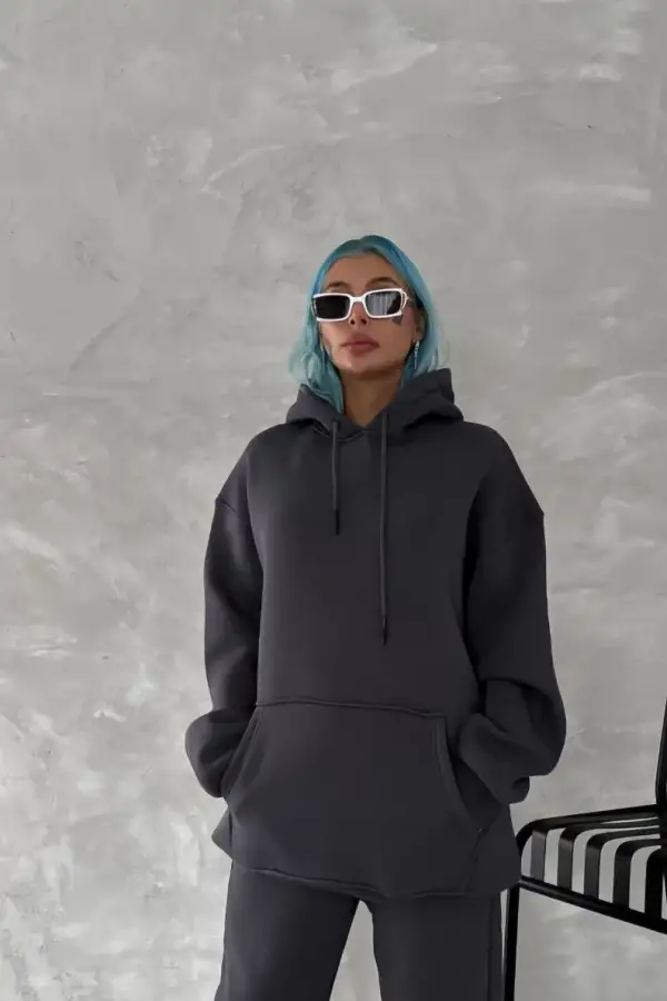 Kadın Kapüşonlu Kanguru Cepli 3 İplik Pamuklu Oversize Hoodie Sweatshirt - Füme
