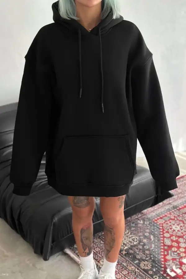 Kadın Kapüşonlu Kanguru Cepli 3 İplik Pamuklu Oversize Hoodie Sweatshirt - Siyah