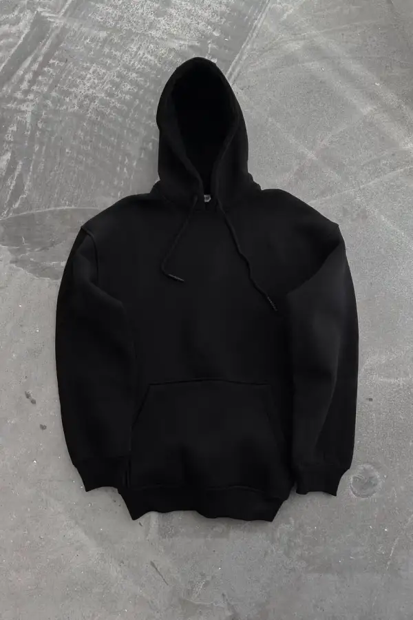 Kadın Kapüşonlu Kanguru Cepli 3 İplik Pamuklu Oversize Hoodie Sweatshirt - Siyah