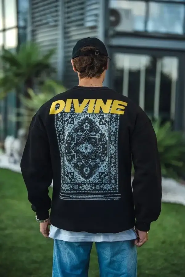 Erkek 3 iplik pamuklu Kışlık Bisiklet Yaka Baskılı SweatShirt - Siyah
