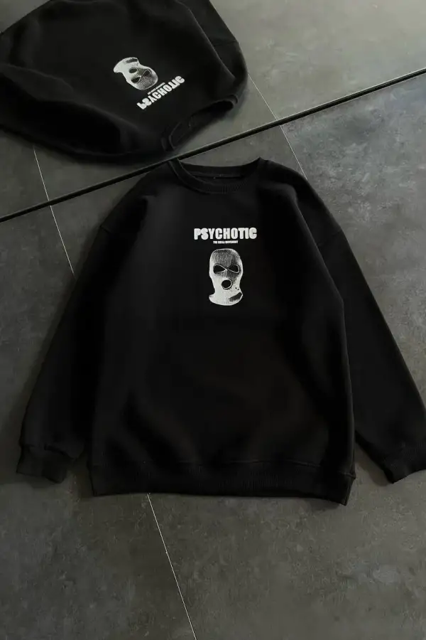 Kadın 3 iplik Kışlık Bisiklet Yaka Baskılı SweatShirt - Siyah