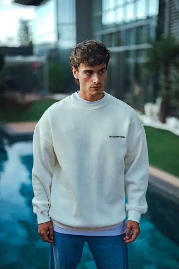 Erkek 3 iplik pamuklu Bisiklet Yaka Baskılı SweatShirt - Beyaz
