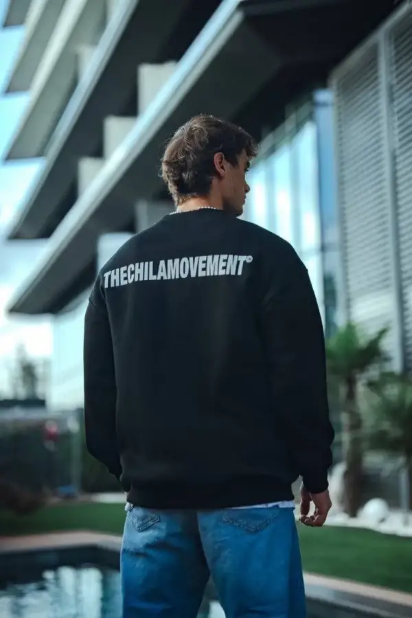 Erkek 3 iplik Pamuklu Bisiklet Yaka Oversize Baskılı SweatShirt - Siyah
