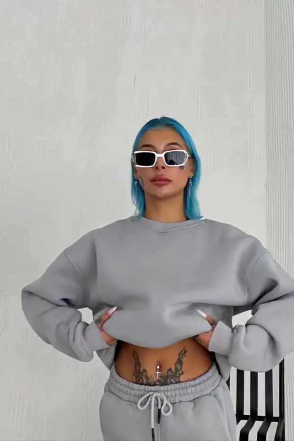 Kadın Bisiklet Yaka 3 İplik Pamuklu Basic SweatShirt - Gri