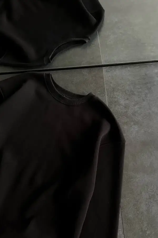 Kadın Bisiklet Yaka 3 İplik Pamuklu Basic SweatShirt - Siyah