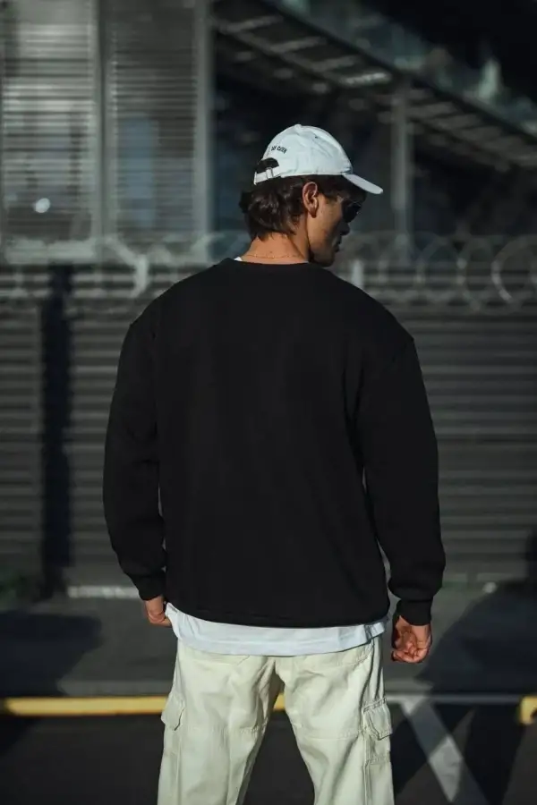 Erkek pamuklu Bisiklet Yaka 3 İplik Basic SweatShirt - Siyah