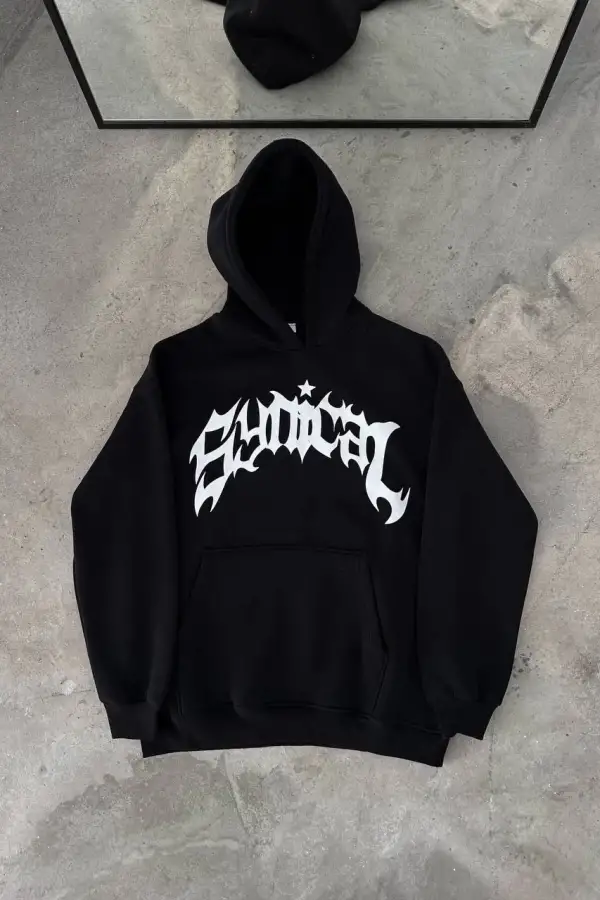 Erkek Kapüşonlu Kanguru Cepli Sweatshirt 3 İplik Pamuklu Baskılı Hoodie - Siyah
