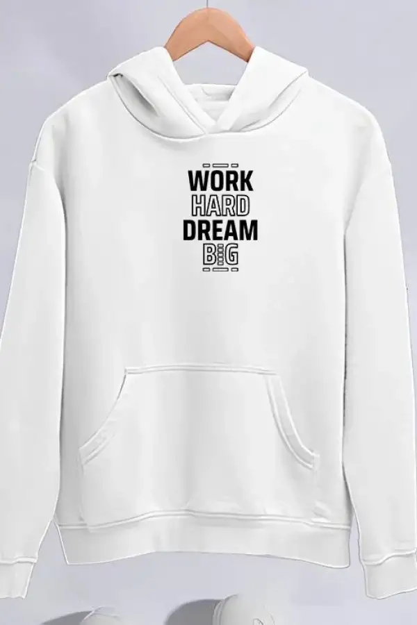 Kadın Oversize Kapüşonlu Cepli Baskılı 3 İplik Pamuklu Hoodie Sweatshirt - Beyaz
