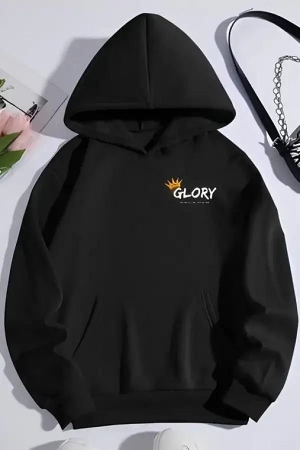 Kadın Oversize Kapüşonlu Kanguru Cepli Baskılı 3 İplik Pamuklu Sweatshirt Hoodie -   Siyah