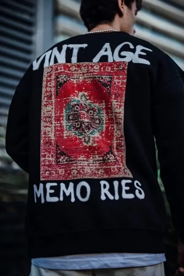 Erkek Bisiklet Yaka 3 İplik Pamuklu Baskılı SweatShirt - Siyah
