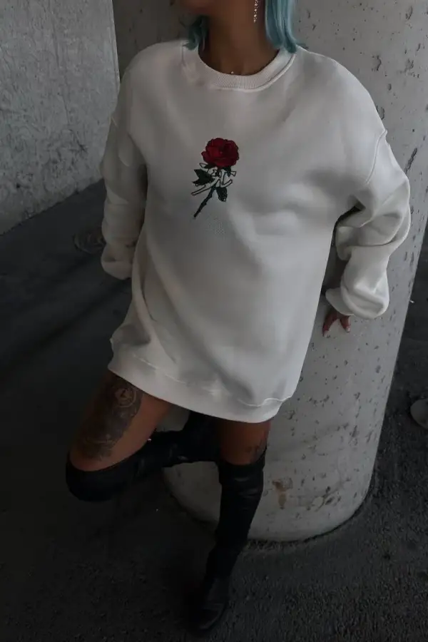 Kadın 3 iplik Pamuklu Bisiklet Yaka GÜL Baskılı SweatShirt - BeyazBeyaz