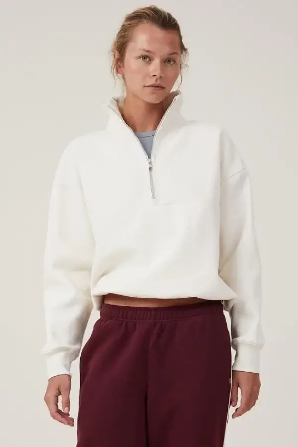 Kadın 3 İplik Pamuklu Oversize Yarım Fermuarlı Yakalı Basic Sweatshirt - Beyaz