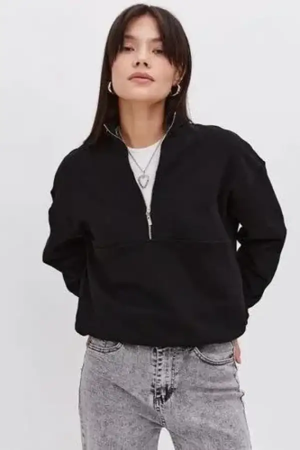 Kadın 3 İplik Pamuklu Oversize Yarım Fermuarlı Yakalı Basic Sweatshirt - Siyah