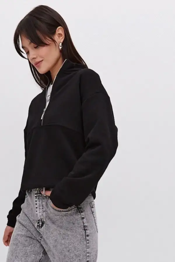 Kadın 3 İplik Pamuklu Oversize Yarım Fermuarlı Yakalı Basic Sweatshirt - Siyah