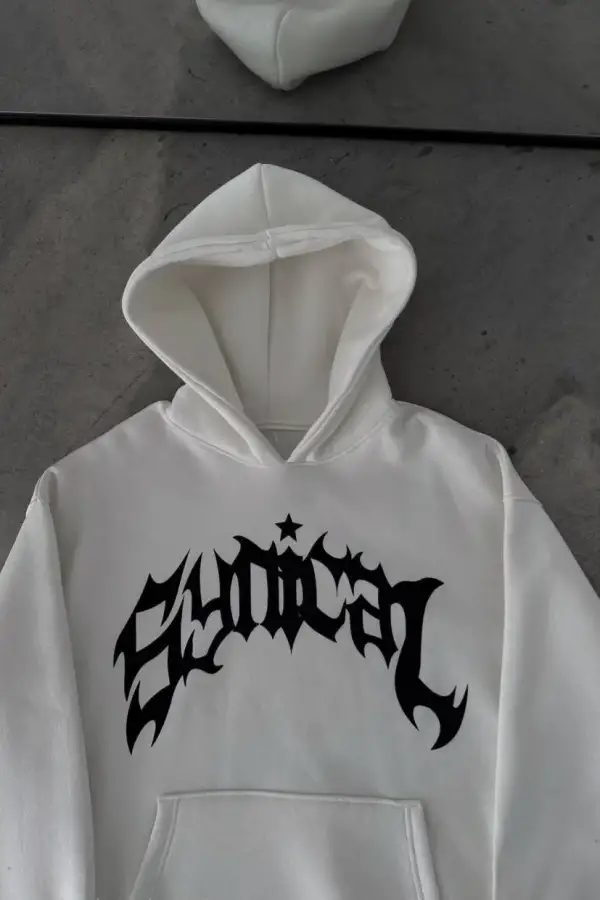 Kadın Kapüşonlu Kanguru Cepli Sweatshirt 3 İplik Pamuklu Baskılı Hoodie - Beyaz