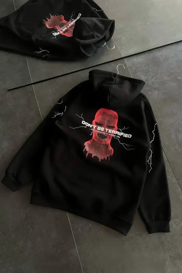 Kadın Kapüşonlu Kanguru Cepli Sweatshirt 3 İplik Pamuklu Baskılı Hoodie - Siyah