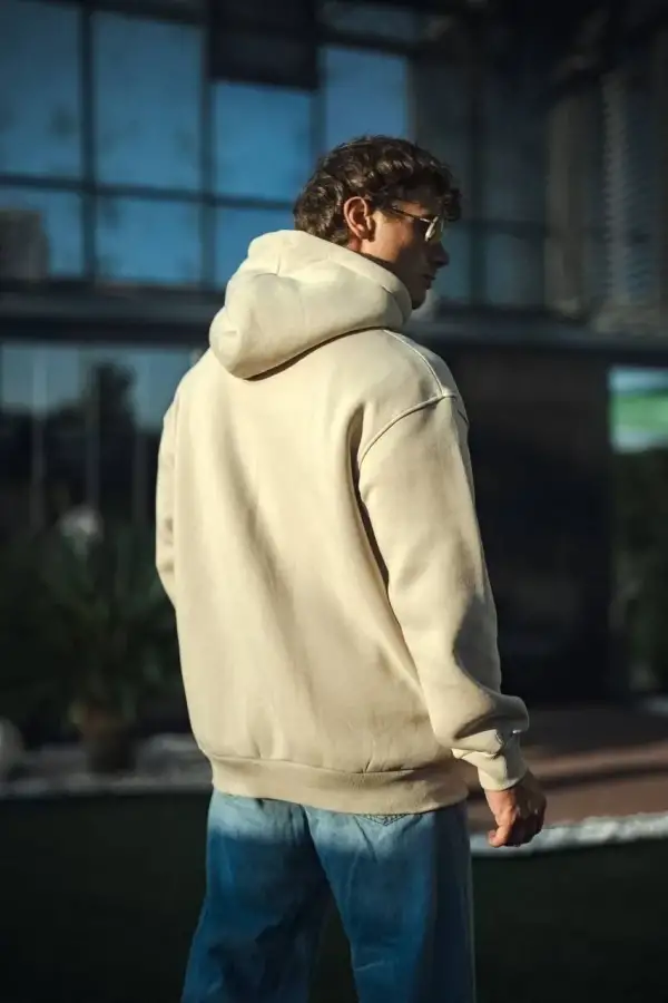 Erkek 3 İplik Pamuklu Kapüşonlu Kanguru Cepli Hoodie Sweatshirt - Bej