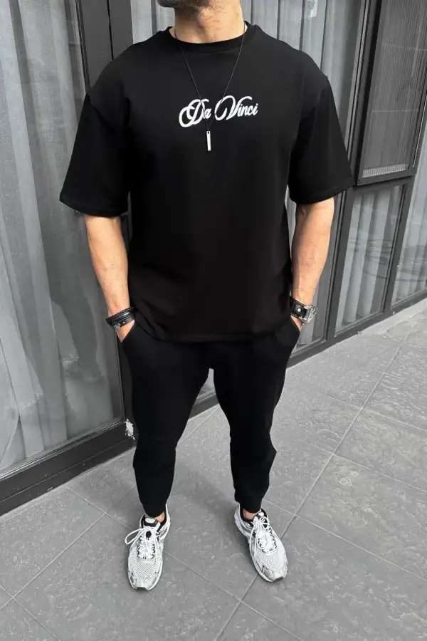 Erkek Baskılı T-Shirt Kısa Kol Bisiklet Yaka Regular Fit Rahat Kalıp Günlük Tişört - Siyah