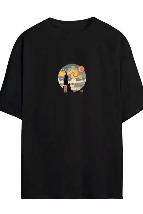 Kadın Baskılı T-Shirt Kısa Kol Bisiklet Yaka Oversize Rahat Kalıp Tişört - Siyah