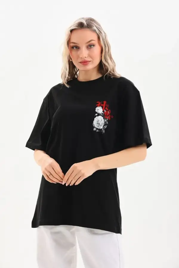 Kadın Kısa Kol Yazlık Tişört Bisiklet Yaka Baskılı Oversize T-Shirt - Siyah