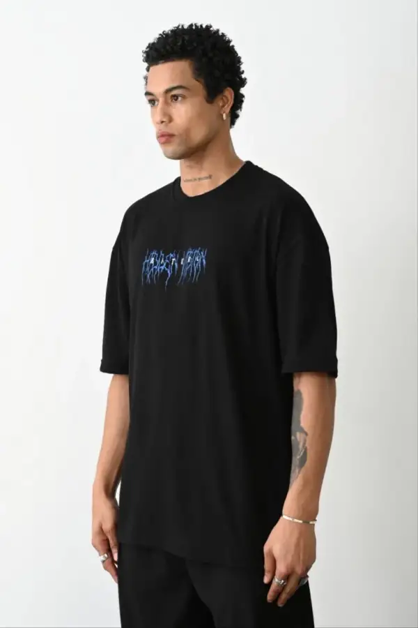 Erkek Baskılı Oversize  Kısa kol T-Shirt - Siyah