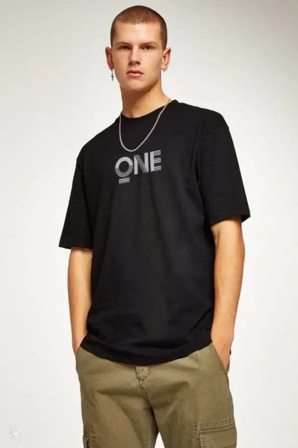 Erkek Baskılı T-Shirt Kısa Kol Bisiklet Yaka Regular Fit Rahat Kalıp Tişört - Siyah