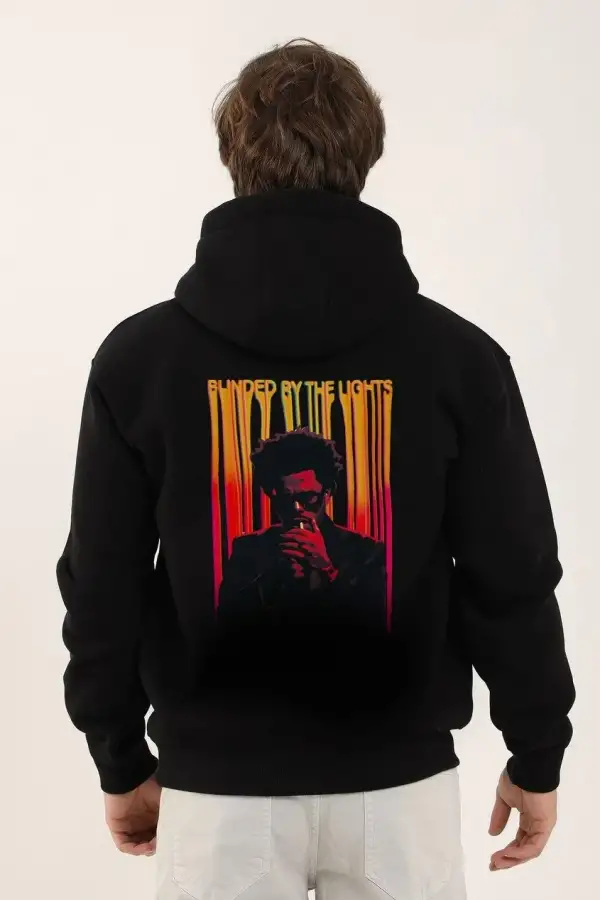 Erkek 3 İplik Pamuklu Kapüşonlu Baskılı Cepli Oversize Sweatshirt Hoodie - Siyah