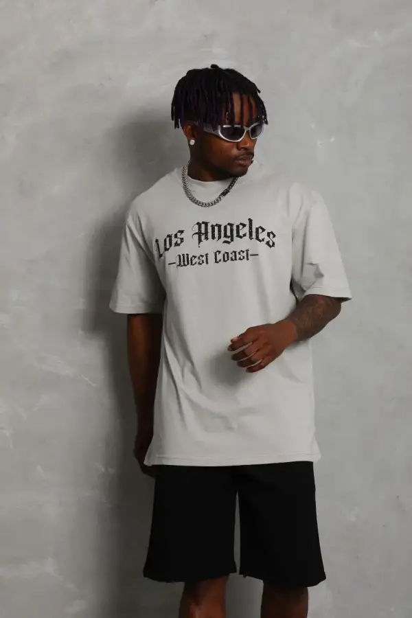 Erkek Baskılı Tişört Kısa Kol Bisiklet Yaka Oversize T-Shirt - Gri