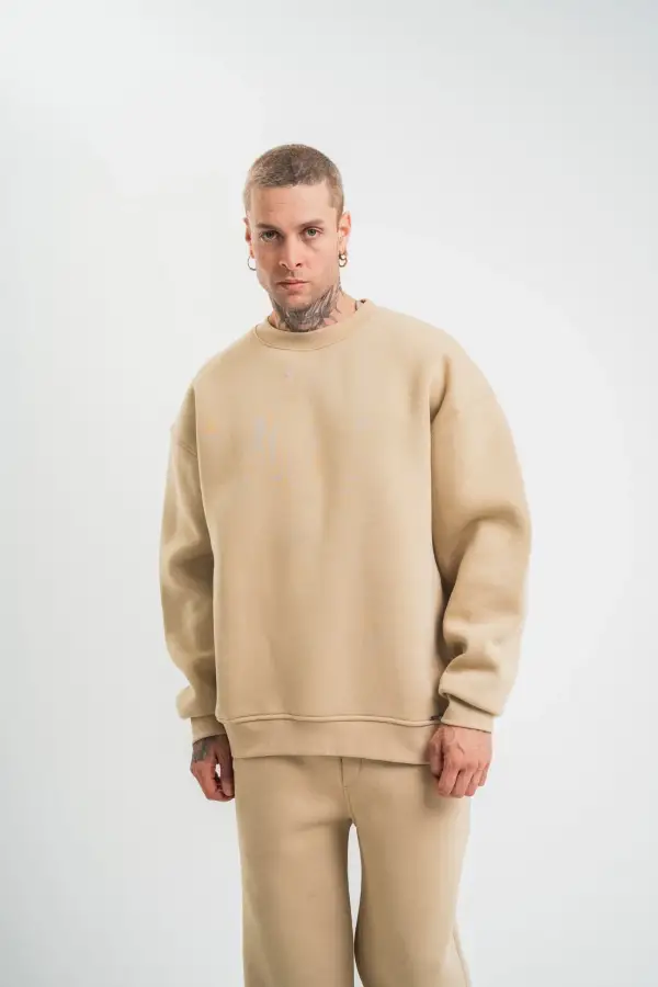Erkek Uzun Kol Bisiklet Yaka 3 iplik Pamuklu Kışlık SweatShirt  - Bej
