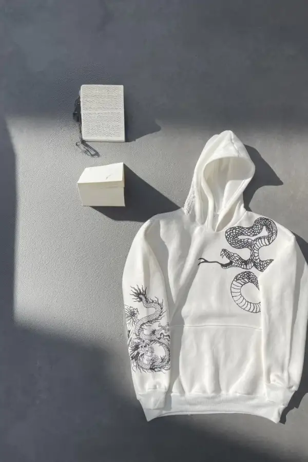Kadın Oversize Kapüşonlu Kanguru Cepli Baskılı 3 İplik Pamuklu Sweatshirt Hoodie - Beyaz