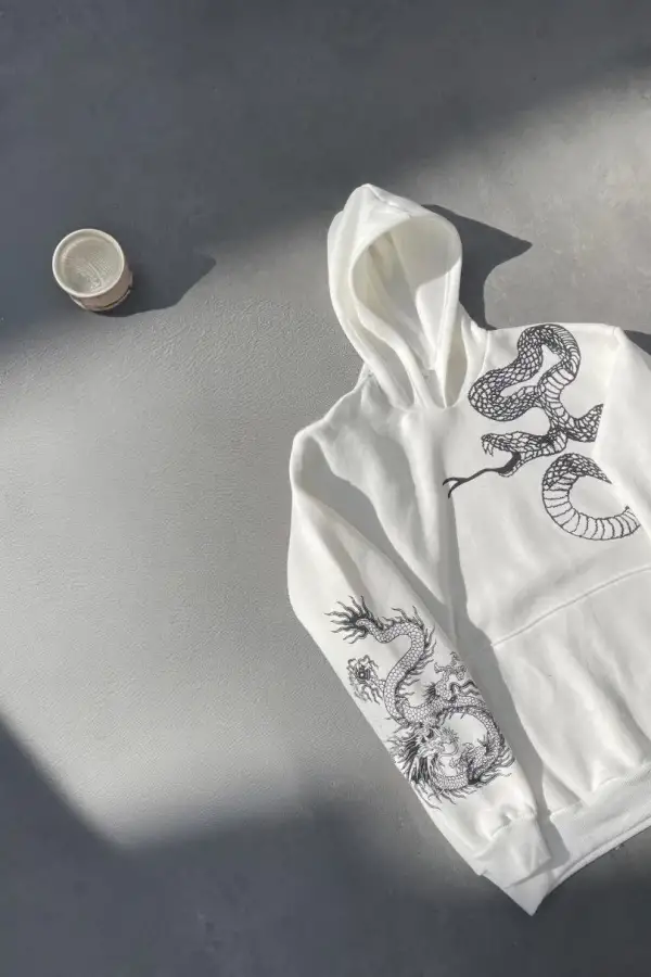 Erkek 3 İplik Pamuklu Kapüşonlu Baskılı Cepli  Sweatshirt Hoodie - Beyaz