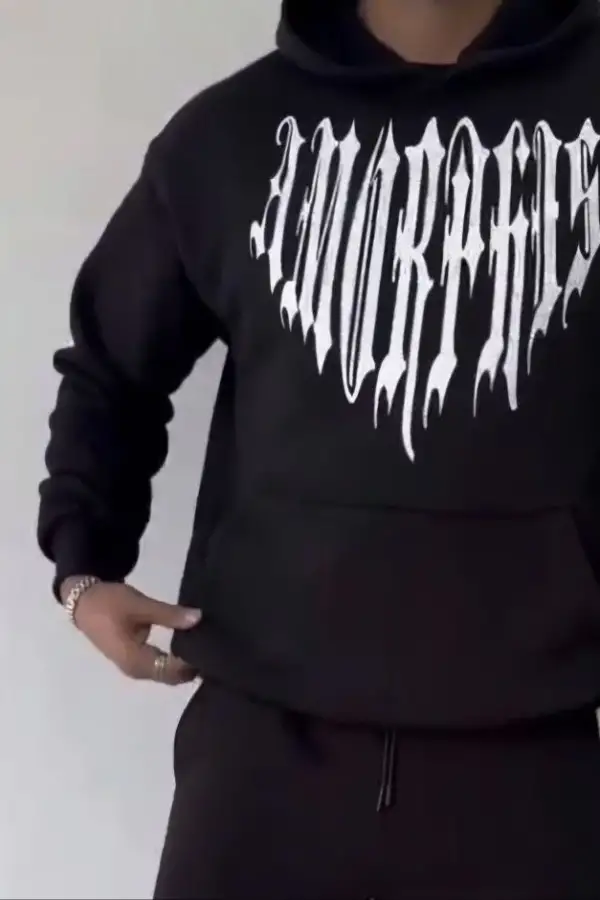 Erkek Kapüşonlu Kanguru Cepli Sweatshirt 3 İplik Pamuklu Baskılı Hoodie -  Siyah