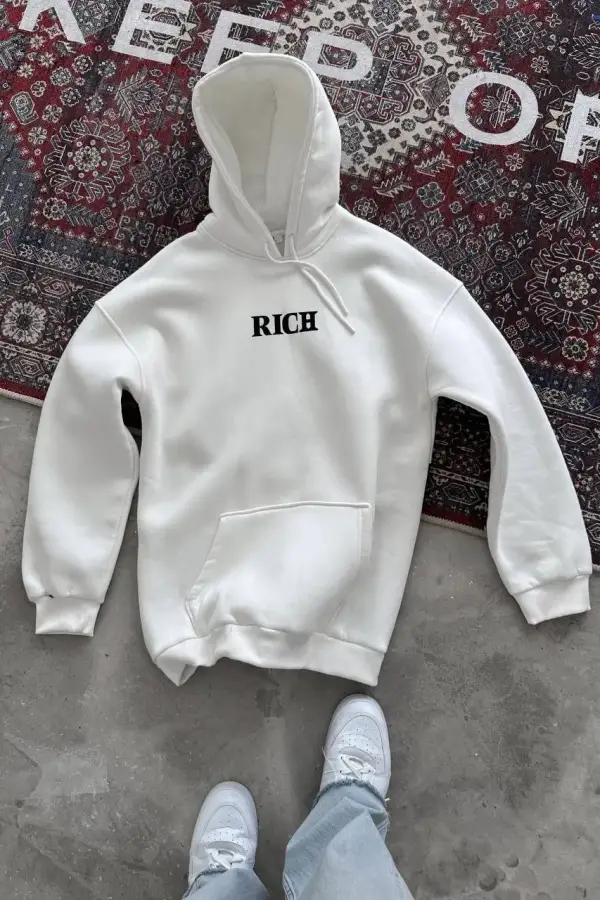 Kadın Kapüşonlu Kanguru Cepli Sweatshirt 3 İplik Pamuklu Baskılı Hoodie - Beyaz