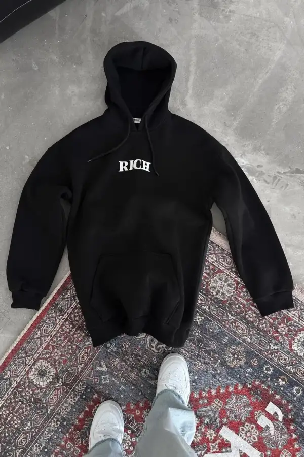 Kadın Kapüşonlu Kanguru Cepli Sweatshirt 3 İplik Pamuklu Baskılı Hoodie - Siyah