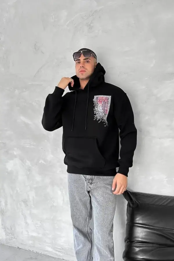 Erkek Kapüşonlu Kanguru Cepli Sweatshirt 3 İplik Pamuklu Baskılı Hoodie - Siyah
