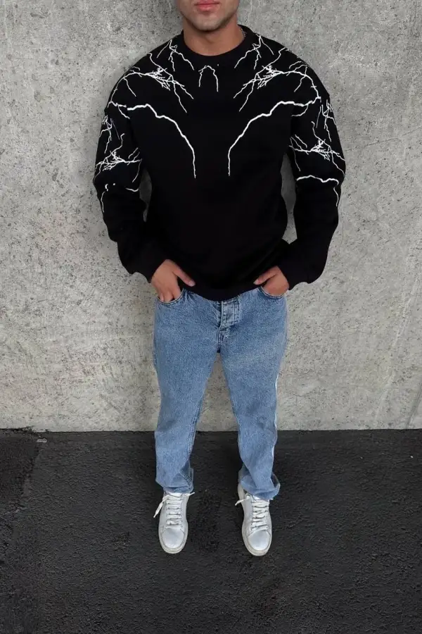Erkek 3 iplik pamuklu Yıldırım Baskılı Bisiklet Yaka SweatShirt - Siyah