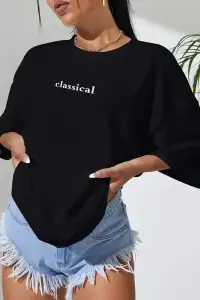 Kadın T-shirt Penye Compack Classical Baskılı Kısa kol Tişört - Siyah