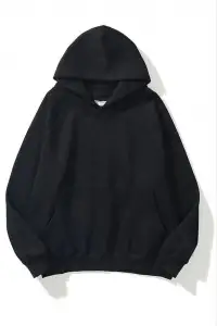 Kadın Kapüşonlu Kanguru Cepli 3 İplik Pamuklu Düz Hoodie Sweatshirt - Siyah