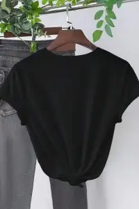 Kadın Kısa Kol Yazlık Tişört Bisiklet Yaka Baskılı Oversize T-Shirt - Siyah