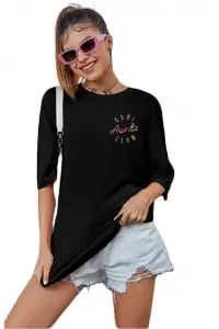Kadın Baskılı T-Shirt Kısa Kol Bisiklet Yaka Oversize Rahat Kalıp Tişört - Siyah
