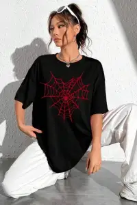 Kadın Örümcek Ağ Baskılı T-Shirt Kısa Kol Bisiklet Yaka Oversize Tişört - Siyah