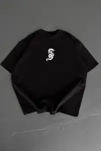 Erkek Ön ve Arka Baskılı T-Shirt Kısa Kol Bisiklet Yaka Regular Fit Tişört - Siyah