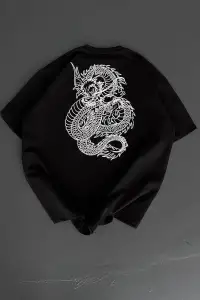 Erkek Ön ve Arka Baskılı T-Shirt Kısa Kol Bisiklet Yaka Regular Fit Tişört - Siyah