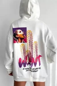 Kadın Oversize Kapüşonlu Cepli WANT Baskılı 3 İplik Pamuklu Hoodie Sweatshirt - Beyaz