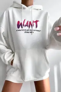 Kadın Oversize Kapüşonlu Cepli WANT Baskılı 3 İplik Pamuklu Hoodie Sweatshirt - Beyaz